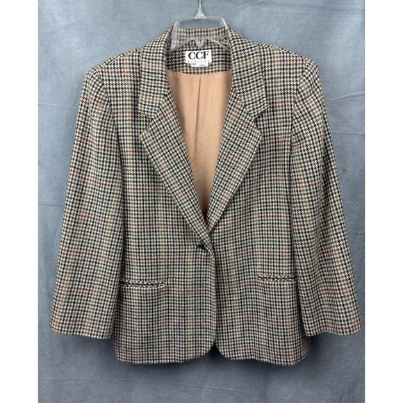 Cross Country Fashions Plaid Houndstooth Blazer Womens 12P Brown Wool Blend - Picture 2 of 16